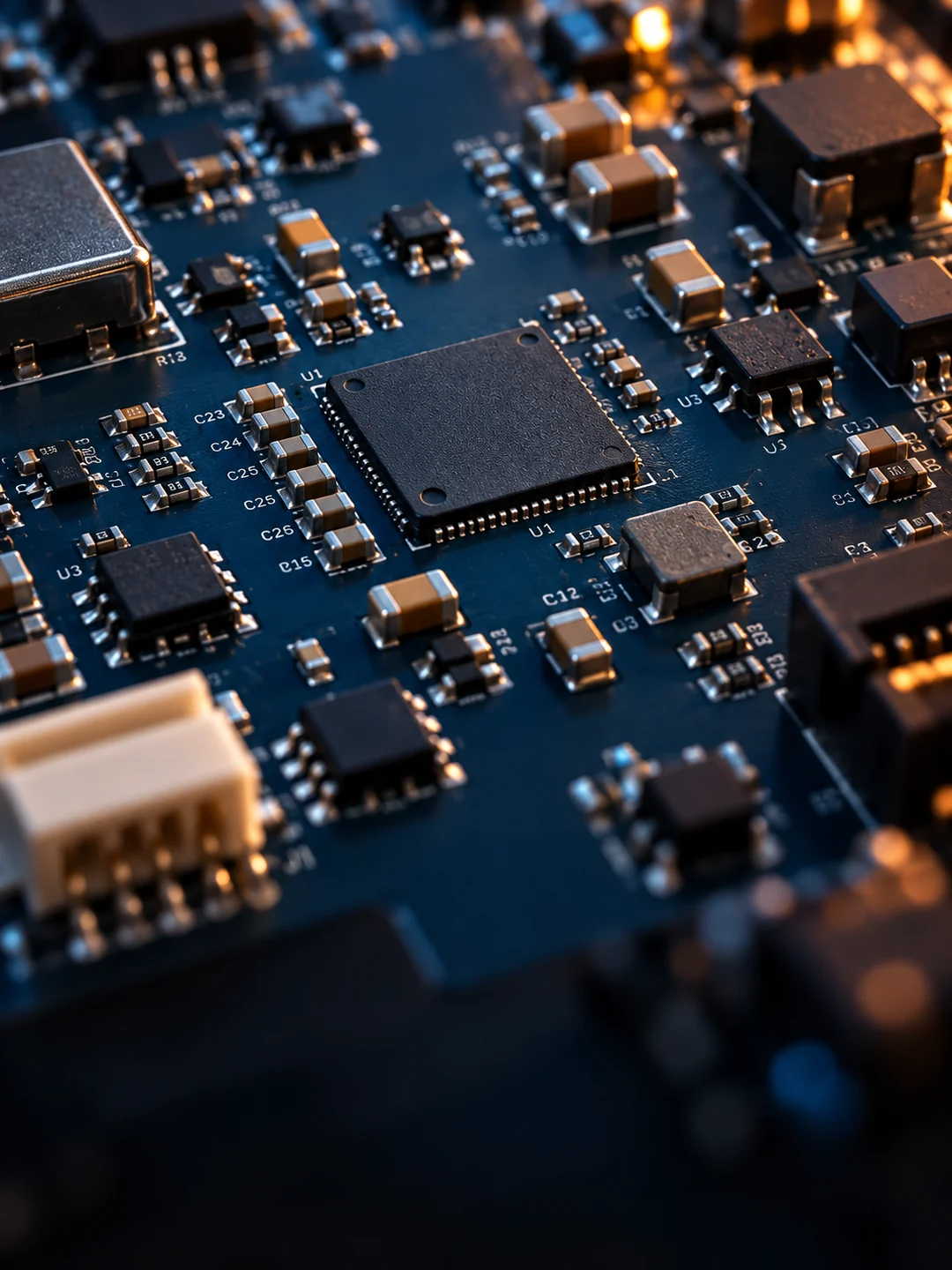 Microcontroller, SMD components and silver solder joints on a blue solder-masked PCB