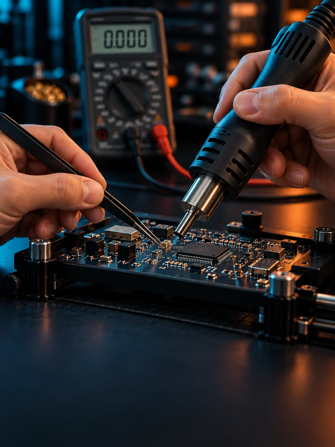 Manual hot-air solder rework on a circuit board, tweezers and a digital multimeter in the background