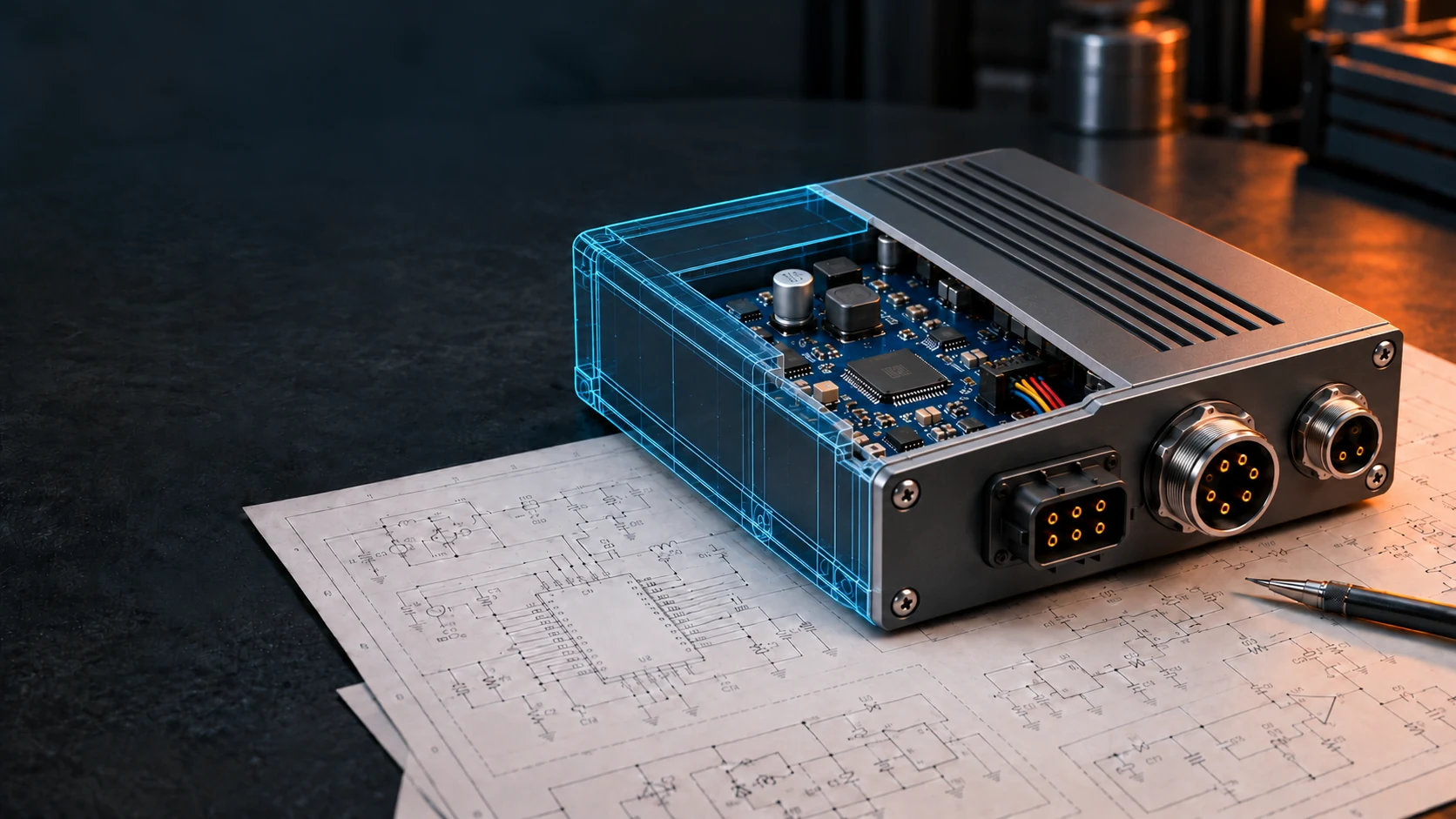 Sectional electronic device transitioning from technical drawing to finished product, with electronic circuit schematics beneath