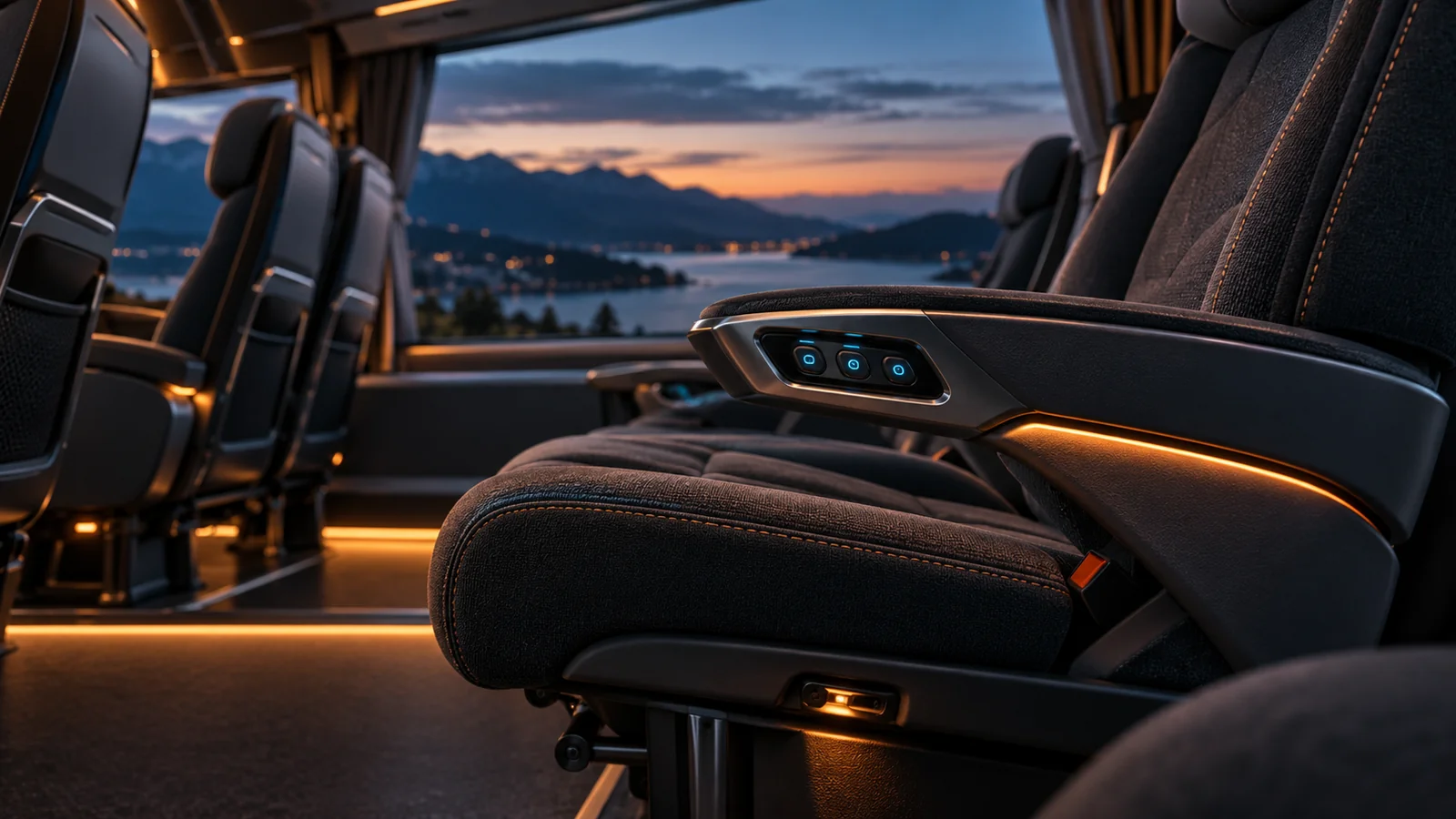 Electronic comfort controls integrated into a premium coach seat armrest