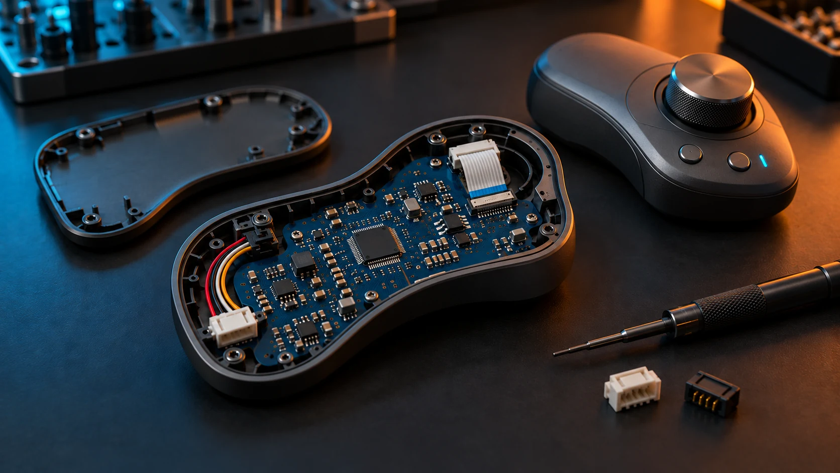 Circuit board fitted to a custom-shaped enclosure beside the assembled rotary control unit