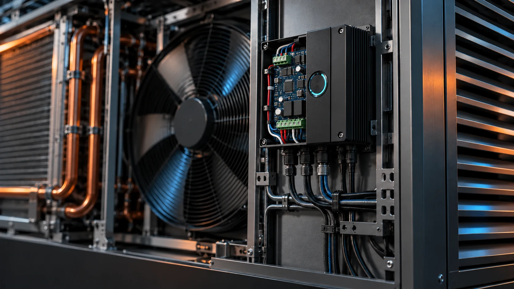 Climate-control system with a half-cutaway enclosure showing a circuit board, connected wiring, fan and copper tubing