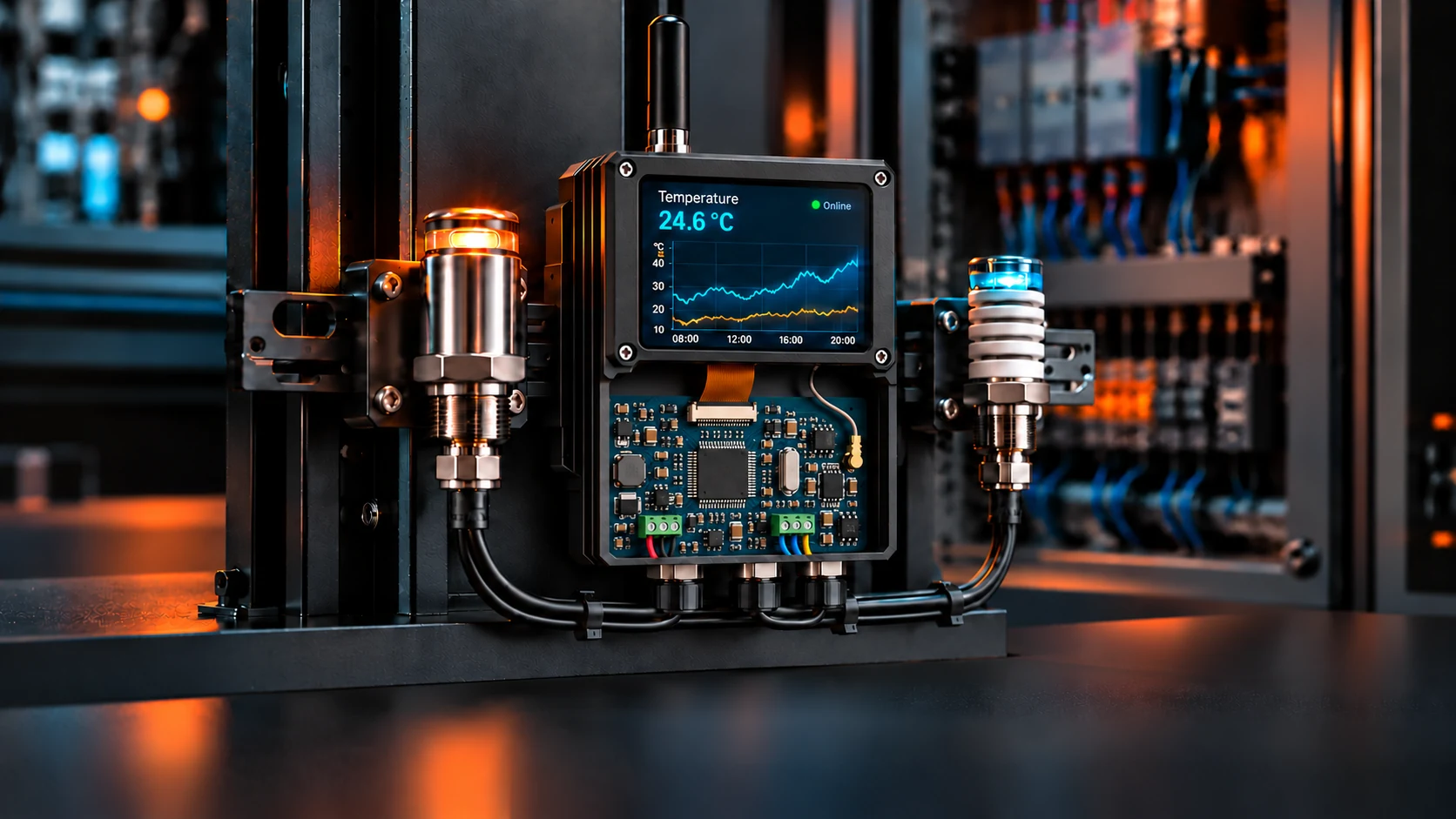 Cutaway IoT controller showing a TFT temperature display, a populated PCB below and connected sensors
