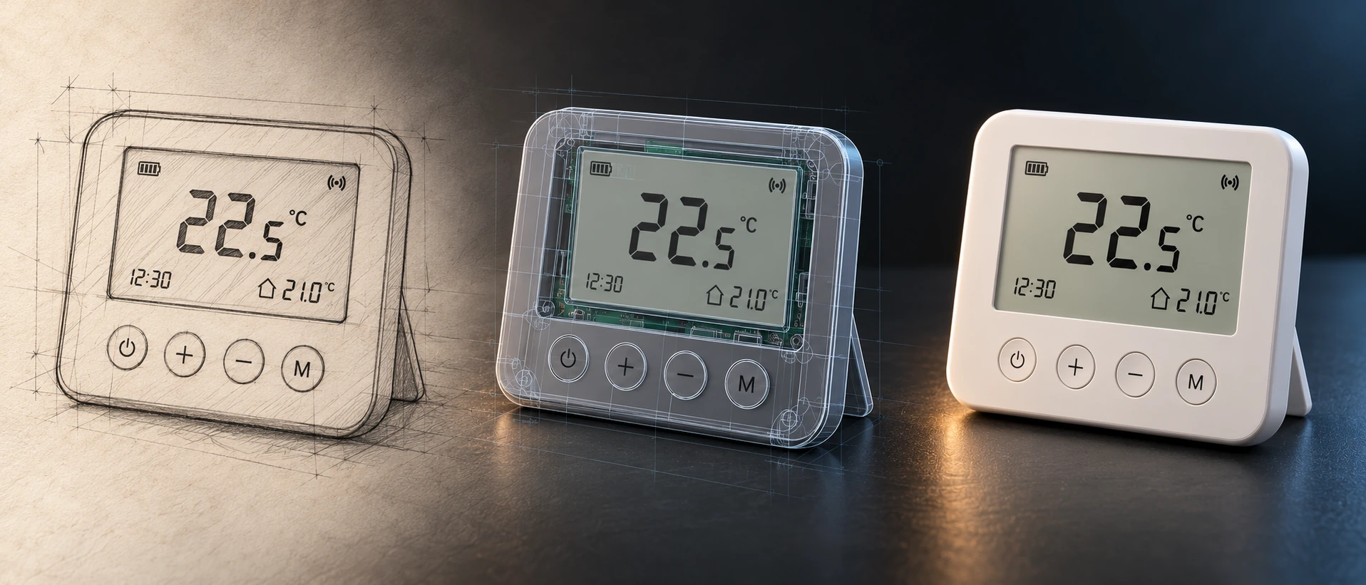 The same wireless room thermostat progressing from a pencil sketch through a technical CAD model to the finished product
