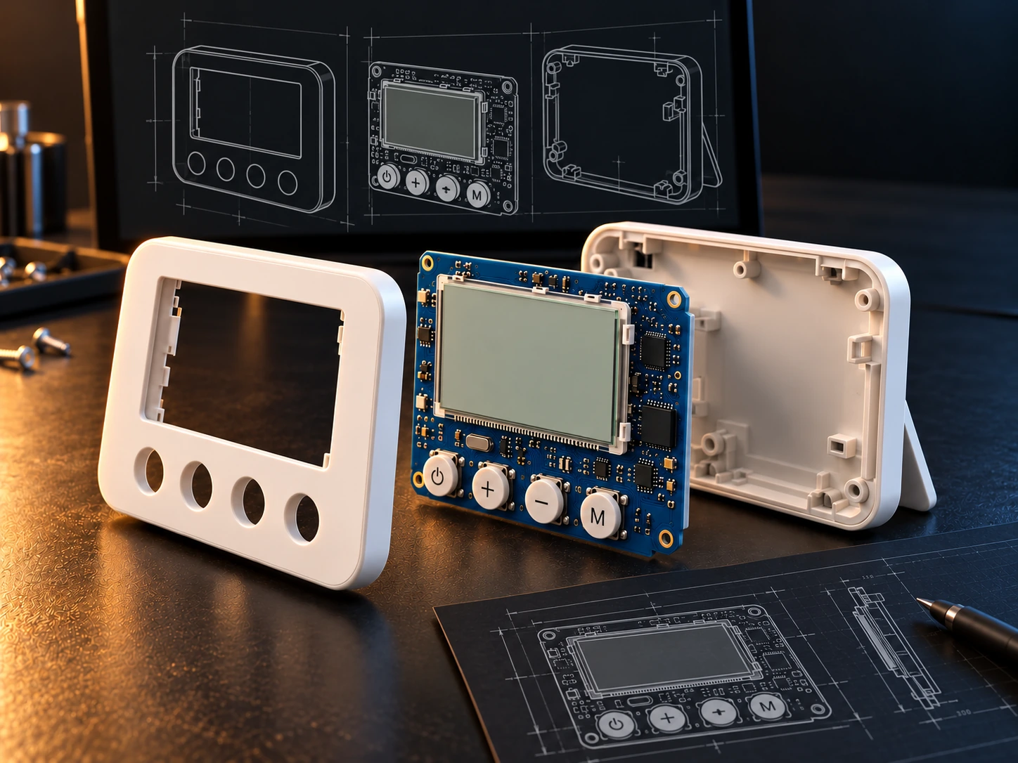 Thermostat product design with front bezel, circuit board carrying the mounted LCD and four buttons, rear housing and matching technical sketches