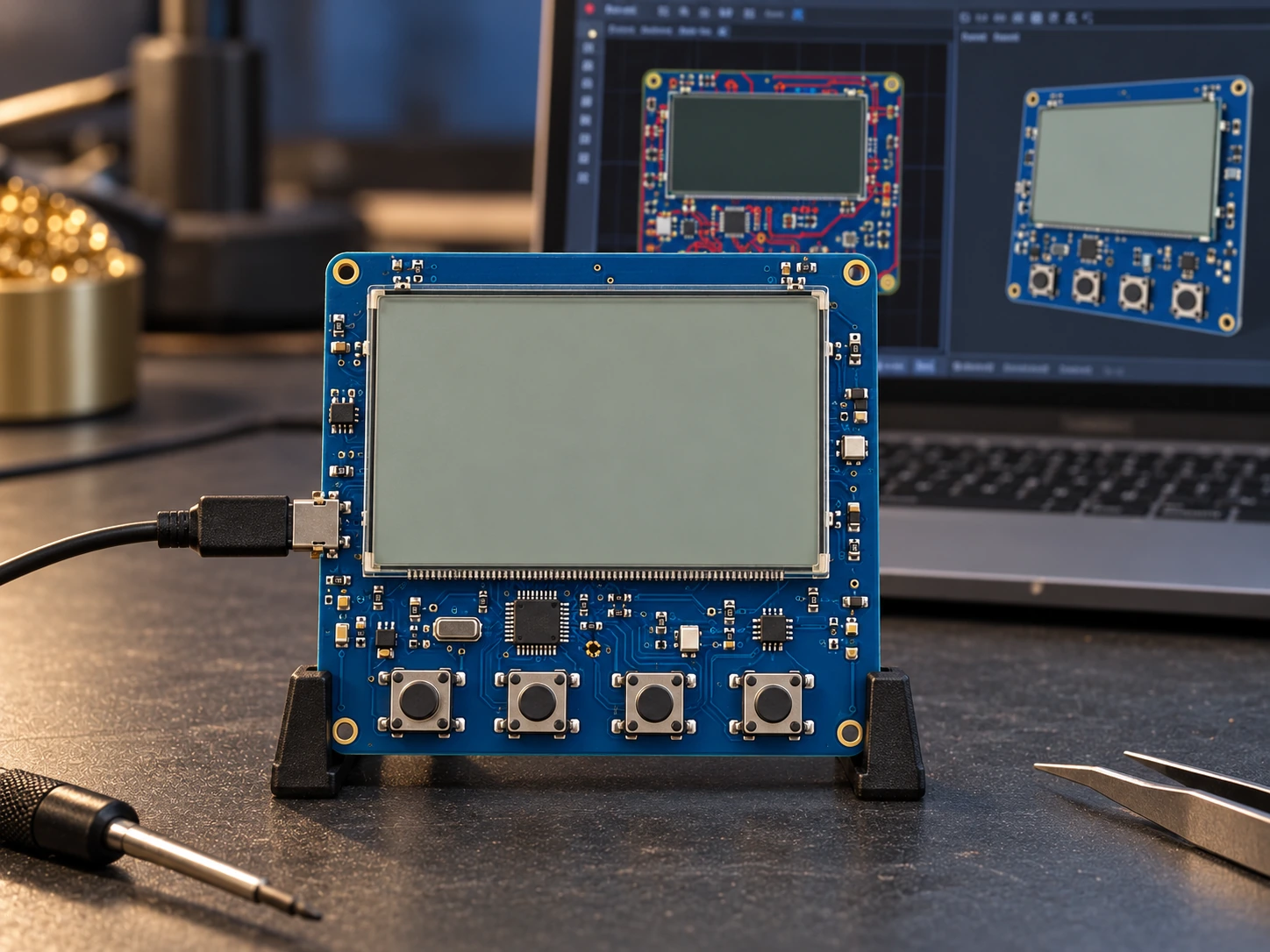Bare thermostat circuit board with a large LCD matching the product display proportions and four buttons, with PCB layout and a 3D board preview behind it