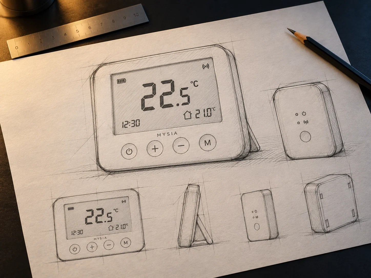 Initial pencil sketches of the wireless room thermostat and receiver