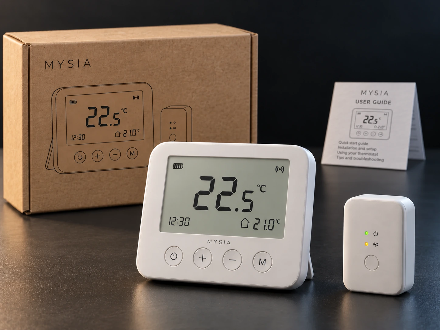 Wireless room thermostat and receiver with a kraft cardboard box and a folded printed user guide behind them