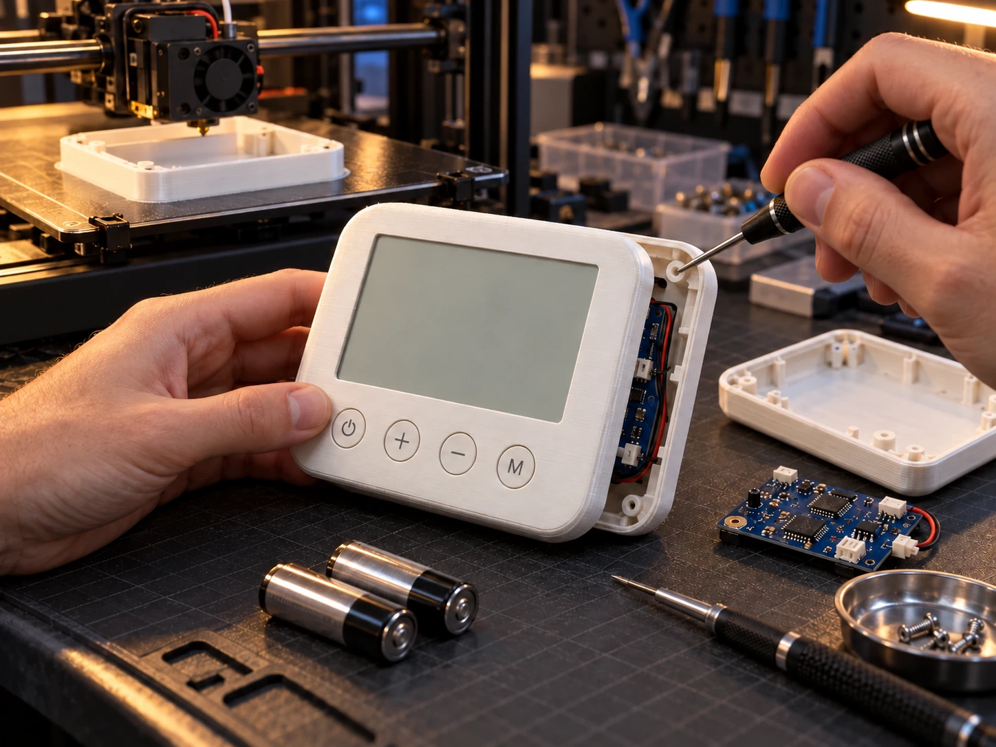 Enclosure printing on a 3D printer and hands assembling the unpowered thermostat with a screwdriver, alongside circuit board, batteries and plastic parts