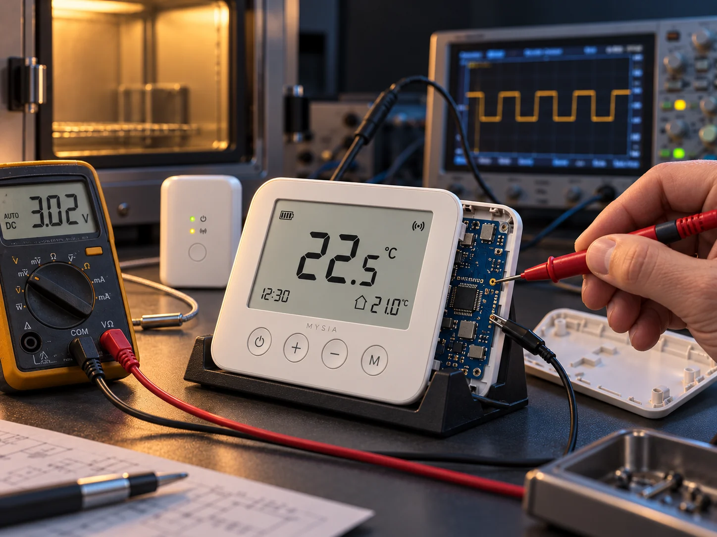Voltage measurement at a test point on the open thermostat board, with a multimeter and oscilloscope validating the working device